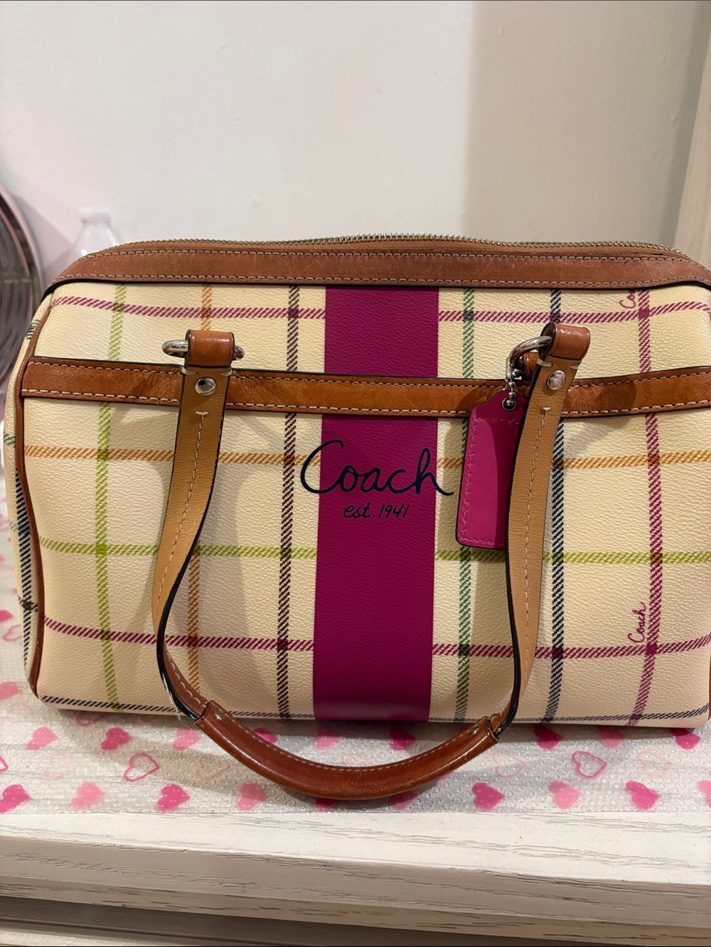 Coach Cream Plaid Satchel with Fuchsia Center Stripe